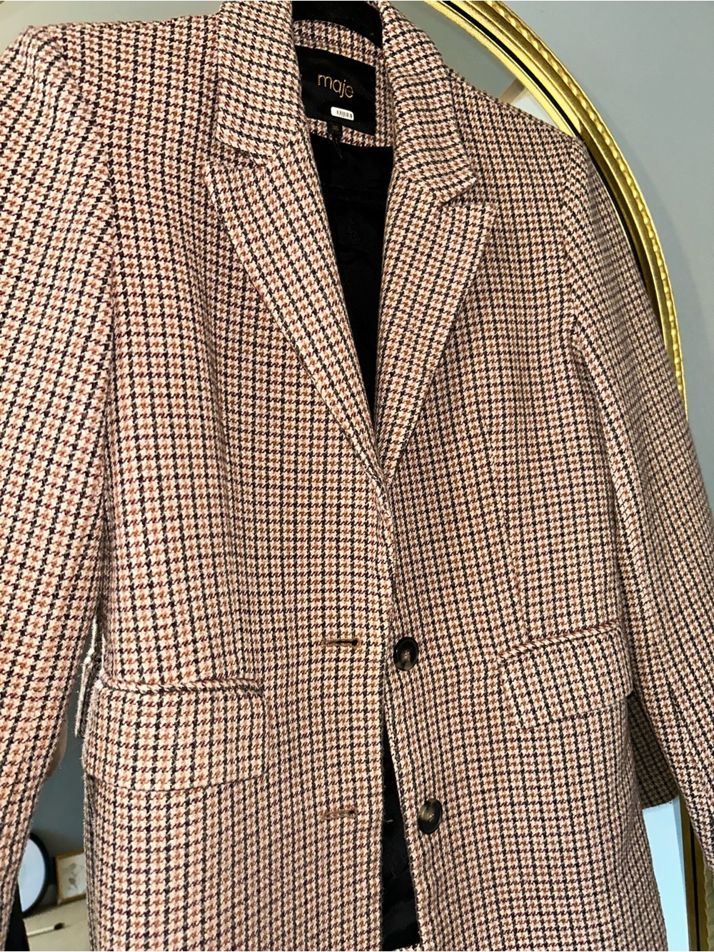 Maje Houndstooth Blazer in Beige and Black